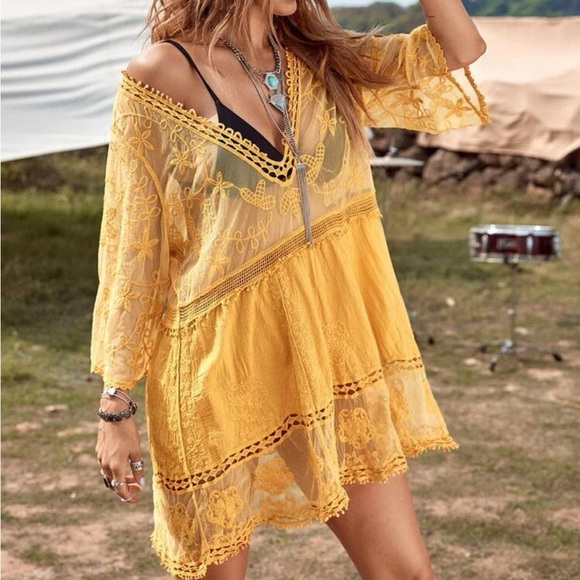 Boho floral embroidered beach cover up - Picture 2 of 5